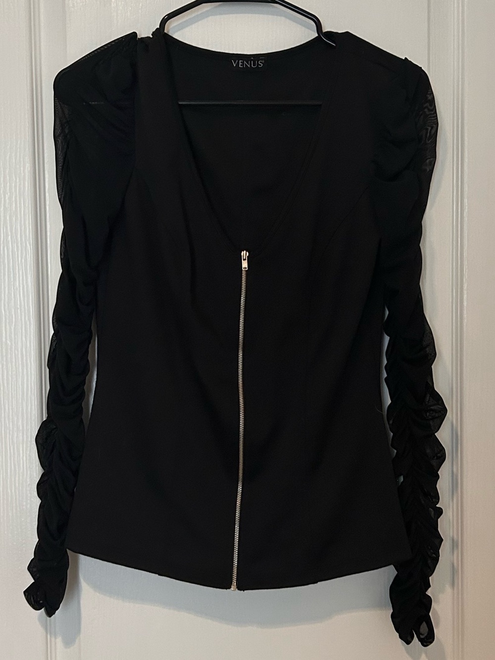 VENUS Black Front-Zip Sheer Long-Sleeve Top